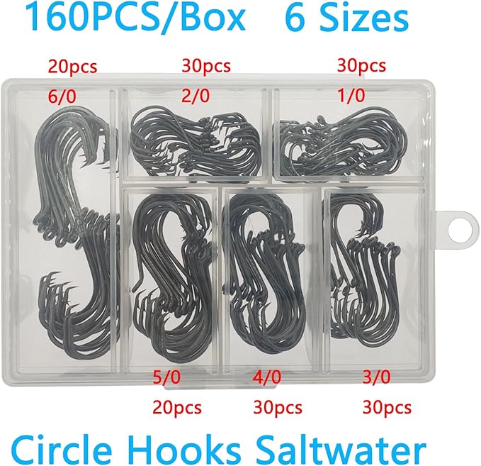 Fishing Hooks Saltwater, 160PCS Circle Hooks Saltwater, Fish Hooks for Fishing Gear Tackle, Catfish Octopus Hook #1 1/0 2/0 3/0 4/0 5/0 6/0 8/0 Black High Carbon Steel with Portable Plastic Box
