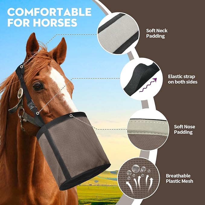 Horse Feed Bag 2 PCs, Breathable Mesh Feed Bags for Horses, Muzzle Feedbag for Feeding Grain, Anti-Spill Design Feeder, Soft Neck Pad Nose Pad, Universal Fit (Camel)