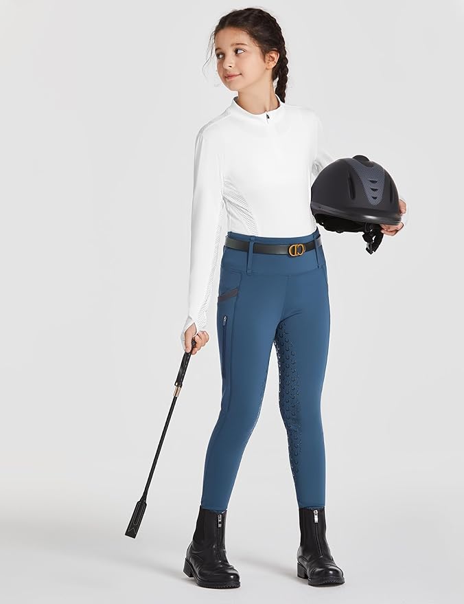 FitsT4 Sports Girls Riding Pants Full Seat High Waist Kids Equestrian Breeches Horse Schooling Tights Zipper Pockets