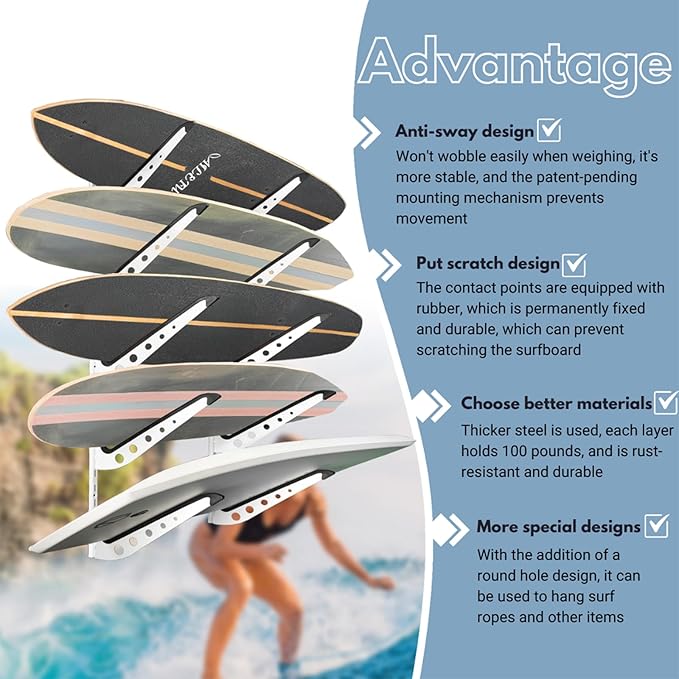 ShouRong Snowboard Wall Mount, Adjustable 5/6 Board Surfboard Rack, Surfboard Wall Hangers for Surfboard, Wakeboard, and Snowboard Storage at Home or Garage
