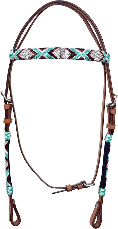 Western Horse Headstall Standard Size – Adjustable Hand Braided Genuine Leather Bridle with Rawhide Knotting, Stitched Accents & Multicolor Beads, Western Riding Tack, Brown