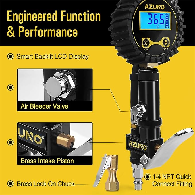 AZUNO Digital Bicycle Tire Inflator Gauge with Auto-Select Valve Type - Presta and Schrader Air Compressor Tool