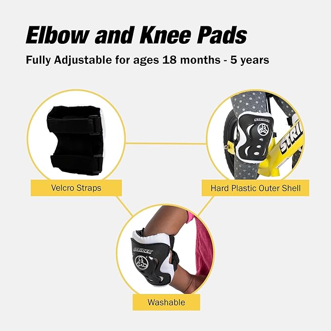 Strider Elbow & Knee Pads, Black - Easy to Attach - Durable & Washable - For Kids 18 Months to 5 Years Old