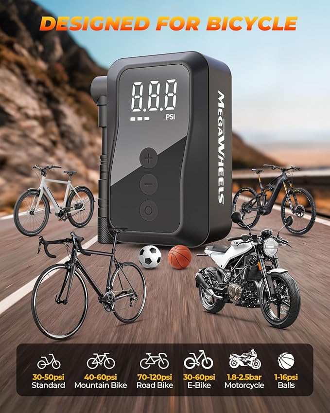 MEGAWHEELS Mini Bike Pump, Portable Bike Pump with Presta and Schrader Valve, 150/120PSI Bicycle Pump with Gauge, Auto Stop, Fast Inflation for City Bike, Road Bike, Mountain Bike