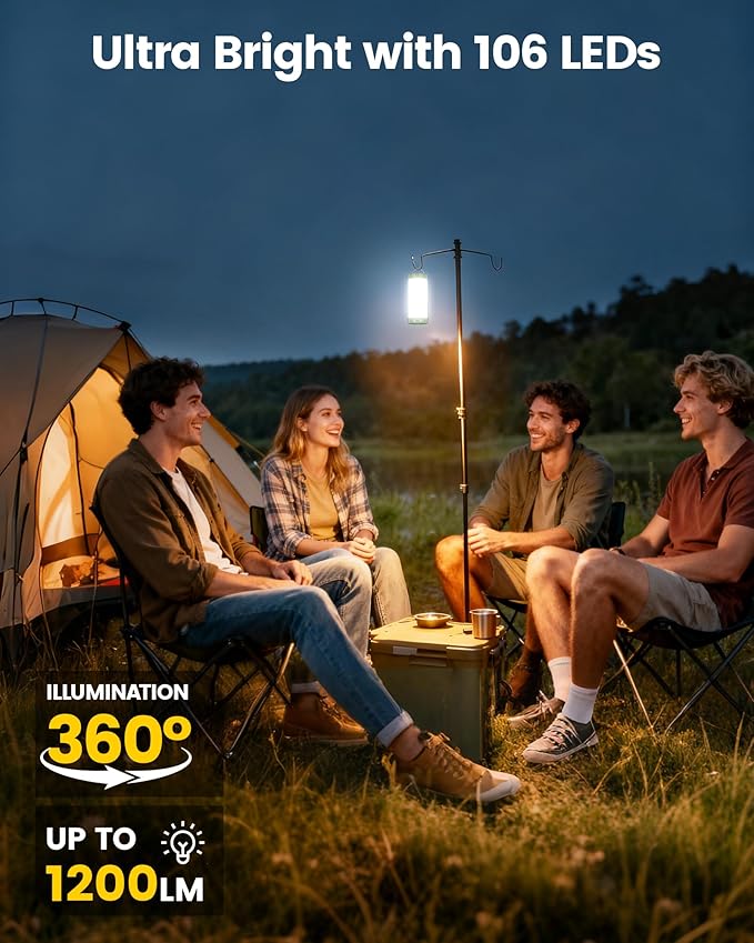 Glocusent 106 LEDキャンプライト、最大80時間点灯、5000mAh充電式キャンプランタン、5段階の明るさ、3つのモードとSOS、IP68防水、最大1200ルーメン、停電、ハイキング、緊急時、ハリケーン用ランタン