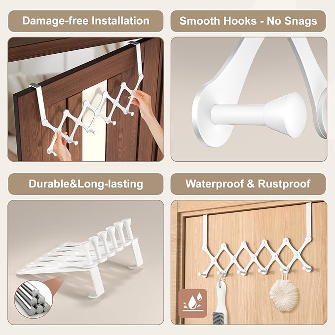 Expands Over The Door Hook Rack, Heavy Duty No Drill Hooks for Bathroom, Bedroom, Kitchen, Closet - Over The Door Hanger for Towels, Robes, Bags, Coats(White)