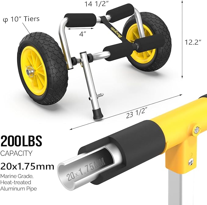 Bonnlo Foldable Kayak Cart, Lightweight Aluminum Alloy Frame, Universal Dolly Cart with 10'' Durable Solid Tires for Canoes, Paddle Boards, Boats, Strong 1.75" Thick Prongs