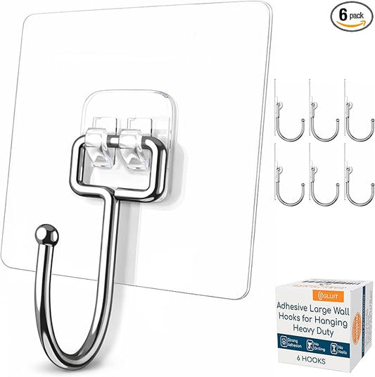 GLUIT Adhesive Large Wall Hooks for Hanging Heavy Duty 22 lbs Hooks for Walls No Damage, Towel Sticky Clear Hooks, Waterproof, Home, Bathroom, Kitchen, Office, and Outdoor 6 Pack