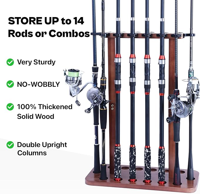 Fishing Rod Storage Racks, 100% Wood Floor Stand Fishing Pole Holders for Garage of 14 Rods or Combos