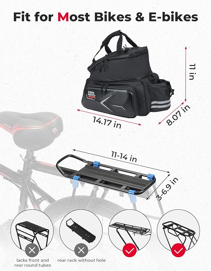 KEMIMOTO Hard Shell Bike Bag Rear Rack 20L Capacity, Carbon Leather Bicycle Trunk Bag with Waterproof Rain Cover for Grocery Shopping Commuter Cycling Trip (Upgraded Design)