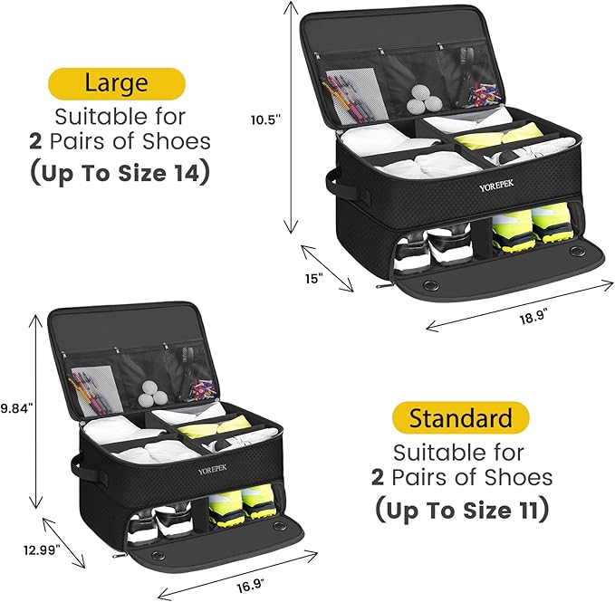 YOREPEK 2層ゴルフ用トランクオーガナイザー、靴2足用通気性独立コンパートメント付き、ゴルフ好きの男性へのギフト、ゴルフボール、ティー、衣類、グローブ用防水カー収納ボックス、ゴルファーへのギフト