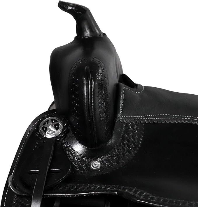 Barrel Brown Western Horse Trail Saddle Set Leather Horse Saddle with Headstall, Breast Collar Combo Rodeo Cowboy Riding Equestrian Comfortable Ride Black Saddle Tack Set