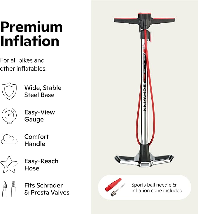 Schwinn Air Center Series or Basic Floor Pump, for a Range of Bikes, 100, 120 or 160 PSI, Soft Grip Handle, Dual Head for Schrader and Presta Valves, Manual Air Pump