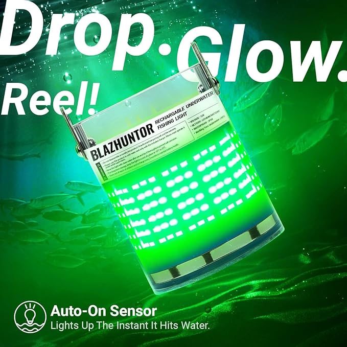 Rechargeable Underwater Fishing Light,Auto On in Water,Multi-Color Options, Up to 16000lm, IP68 Waterproof,No External Power,Cordless,Night Boat Dock Ice Fishing