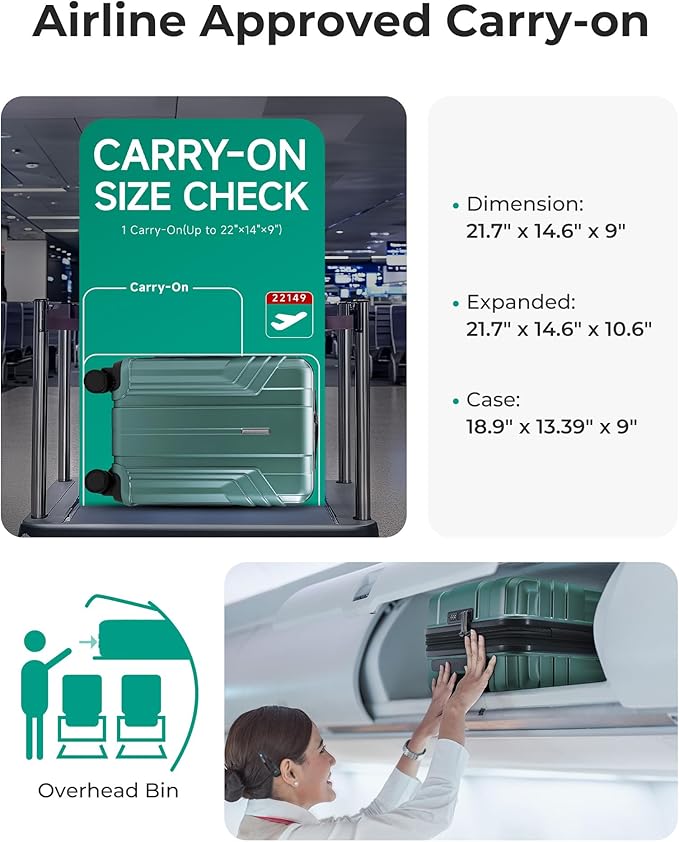BAGSMART 拡張可能機内持ち込みスーツケース 22x14x9 航空会社承認済み 100%PC 軽量ハードシェル 20インチキャリーケース スピナーホイール付き オリーブグリーン