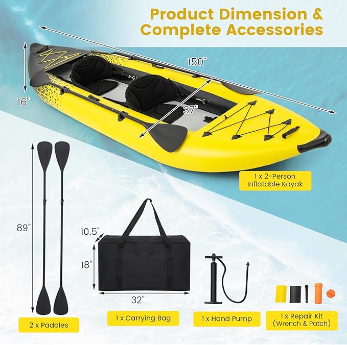 GYMAX Inflatable Kayak, 12.5Ft 507lbs Tandem Kayak with 2 Aluminum Paddles, 2 Padded Seats, Footrests, 2 Fins, Hand Pump, Carry Bag & Repair Kit, 2 Person Fishing Touring Kayak for Adults