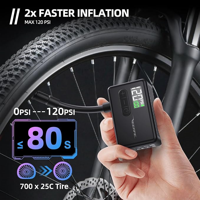 Tiny Pump Mini Bike Tire Pump - Max 120PSI Portable Electric Bicycle Pump with Fast Inflation Auto Stop - Bicycle Inflator with Presta and Schrader Valve for & Various Bicycles Balls E-Bikes