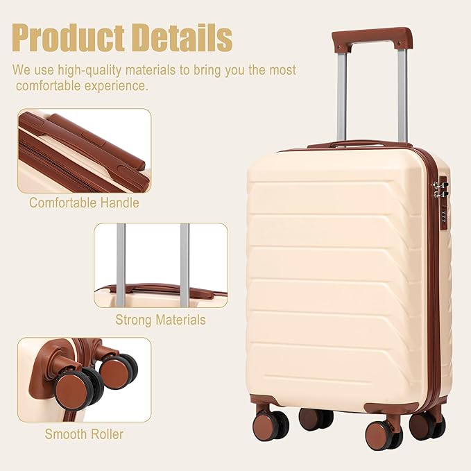 20 Inch ABS Hard Shell Travel Checked Luggage With Combination Lock, Beige