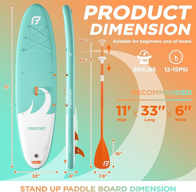 FBSPORT 11' Premium Stand Up Paddle Board, Yoga Board with SUP Accessories & Carry Bag | Wide Stance, Surf Control, Non-Slip Deck, Leash, Paddle and Pump for Youth & Adult