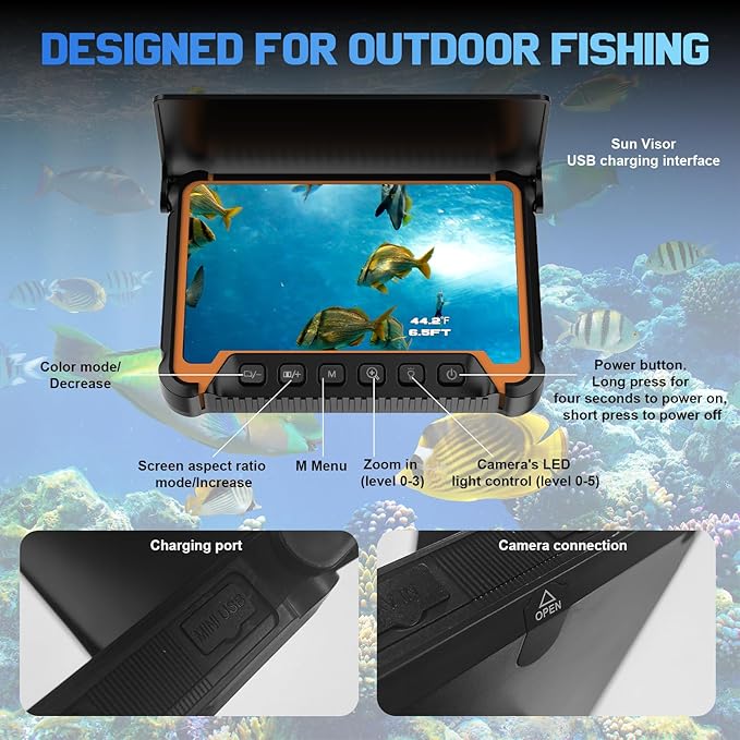 水深温度センサー付き水中釣りカメラ、7インチHD魚群探知機カメラ100ftロングケーブルIR LEDナイトビジョン広角レンズラインカメラ カヤック湖ボート氷釣りポータブル魚群探知機