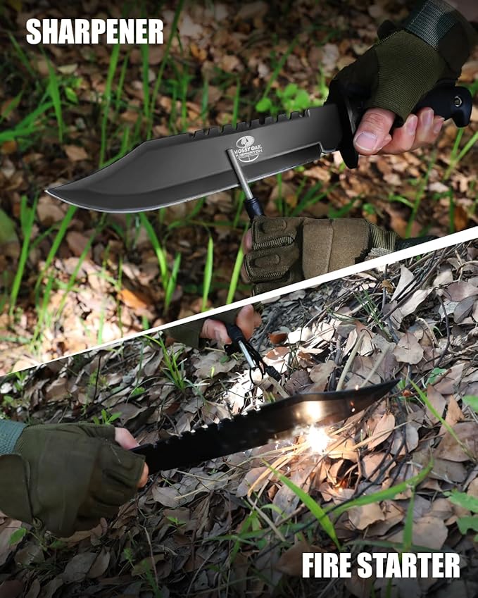 Mossy Oak Survival Hunting Knife with Sheath, 15-inch Fixed Blade Tactical Bowie Knife with Sharpener & Fire Starter for Camping, Outdoor, Bushcraft