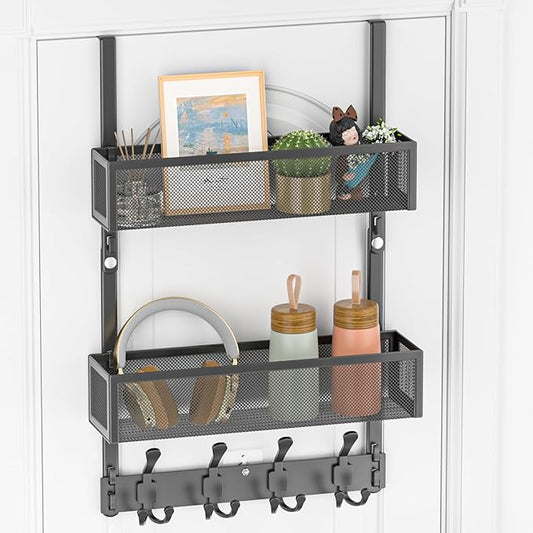 Over The Door Hooks Organizer, Door Hanger Towel Rack with 2 Baskets, Adjustable Over The Door Coat Rack, Back of Door Storage for Bedroom, Kitchen, Bathroom (Black)