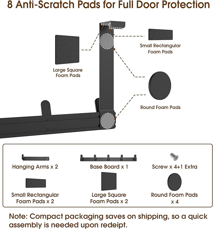 KitchLife Over The Door Hooks - Heavy Duty 5-Hook Organizer, 80lb Total Capacity for Robes, Coats & Towels, Fits 1 3/8" Doors, L18U, Gap-Free & Scratch-Free Design, Black,1-Pack