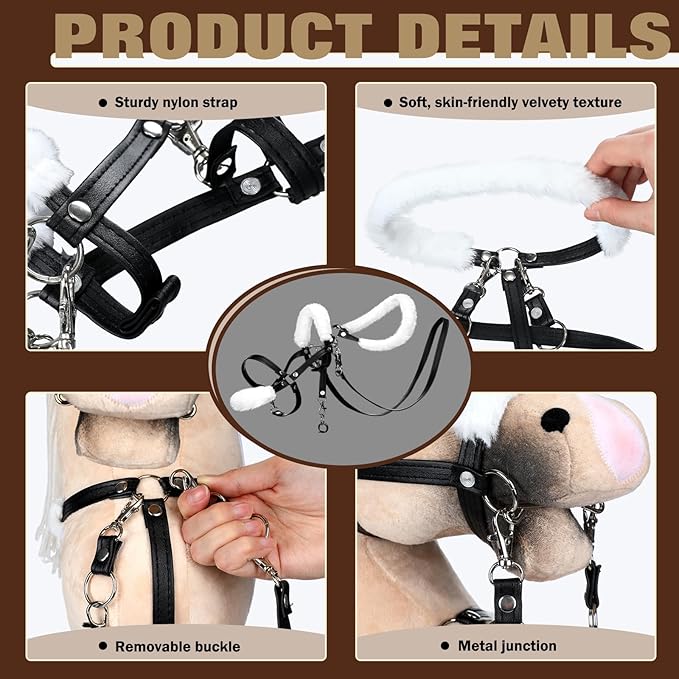 Shappy Hobby Horse Toy Accessories Realistic Horse Bridle with Metal Bit and Adjustable Reins, Faux Leather and Stainless Steel for Equestrian, Themed Events Competitions and Play(Black)