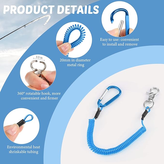 Woanger 6 Pack Fishing Lanyard Steel Wire Coiled Lanyard Tool Lanyards for Hand Tools Kayak Retractable Tool Leash Fishing Rod Safety Lanyards Gear with Alloy Clips for Pliers Boating