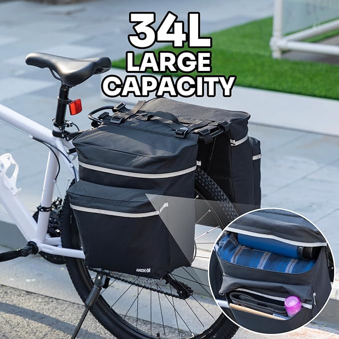 ANCHOM Bike Panniers, 34L Upgraded Water Resistant Saddle Bags for Bicycle Rear Racks, Bike Accessories for Mountain, Road & Electric Bikes, Bike Bag for Commuting, Black