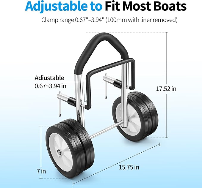 Boat Dolly Canoe and Fishing Boat, Heavy-Duty Chrome-Plated Steel Boat Carrier Cart with Dual Wheels, Adjustable Clamp(Fit Transoms up to 3" Thickness)