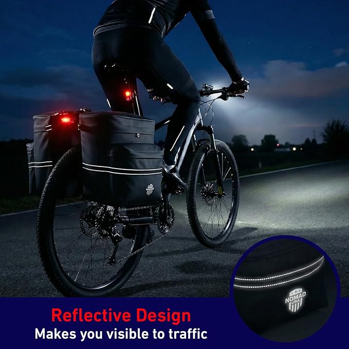Nomad USA 34L Bicycle Saddlebags Pair XL 2-in-1 Bike Panniers Converts to Backpack Carry Bag Reflective Everyday Scooters Commuters Bike Rear Rack Bag w/Rain Cover for Students,City,Road,Mountains