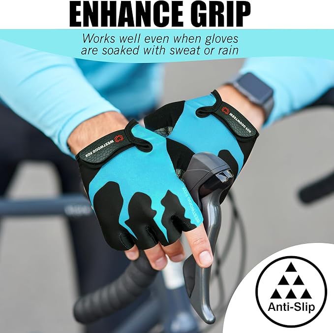 WESTWOOD FOX Cycling Gloves Half Finger Unisex Padded Grips Palm Bicycle Summer MTB Bike Gloves for Men Women Non-Slip Fingerless Short Mountain Bike Sports Hiking Climbing Gym