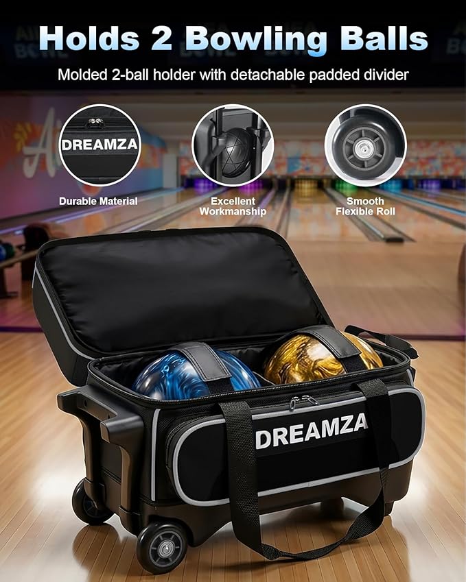 2 Ball Bowling Bag with Wheels, Double Bowling Ball Bag 2 Ball Roller w/Separate Compartment for Shoes Up to US Mens Size 16, w/Retractable Handle Extends to 40" & Accessories Pocket