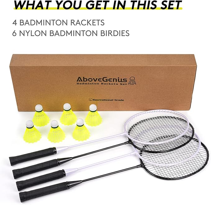 Badminton Rackets Set of 4 for Outdoor Backyard Games, Including 4 Rackets, 6 Nylon Badminton Shuttlecocks, Lightweight Badminton Racquets for Beginners