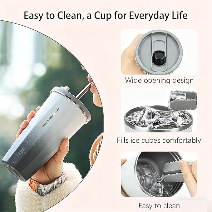 TYESO Stainless Steel Coffee Bottle, 20oz Wide Mouth Travel Coffee Cup with Straw, Vacuum Insulated Stainless Steel Tumbler, Hot & Cold Thermal Mug for Home Office Outdoor, Gray