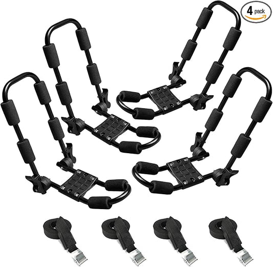 Folding Kayak Roof Rack for Car Holds 2 Kayaks - Kayak J Bar for Canoe, Surf Board, SUP - J Kayak Carrier Mount on Rooftop Crossbar with 4 Tie Down Straps, Fits SUVs, Trucks, Jeeps