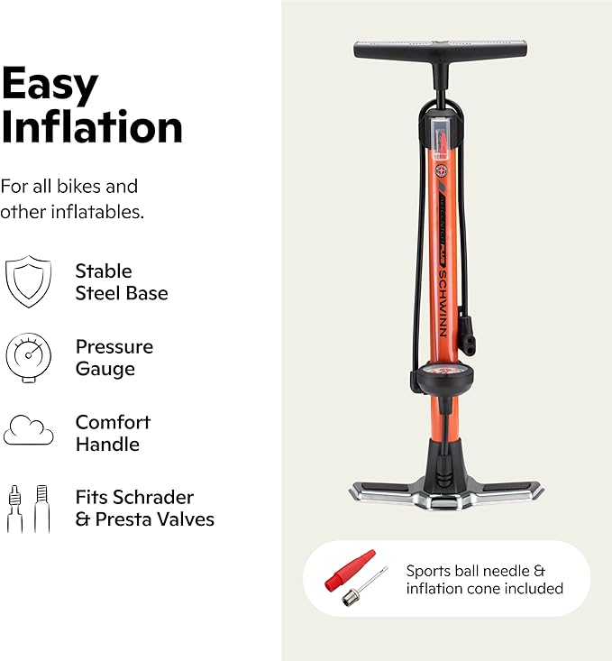 Schwinn Air Center Series or Basic Floor Pump, for a Range of Bikes, 100, 120 or 160 PSI, Soft Grip Handle, Dual Head for Schrader and Presta Valves, Manual Air Pump