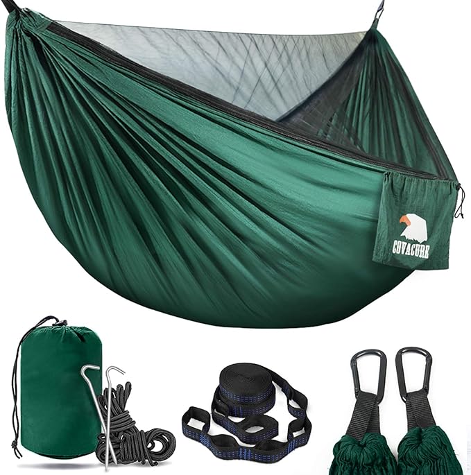 Covacure キャンプハンモック - 軽量ダブルハンモック、耐荷重350kg、室内、屋外、ハイキング、キャンプ、バックパッキング、旅行、裏庭、ビーチ用ポータブルハンモック（ダークグリーン）