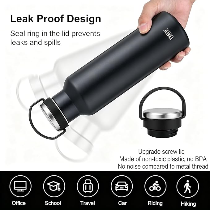 TYESO Stainless Steel Vacuum Insulated Water Bottle, Insulated Water Bottle with Soft Silicone Carry Handle (BLACK, 25 OZ)