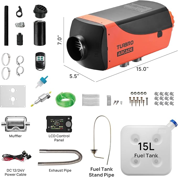 TURBRO 8kW Diesel Heater, DC 12V/24V Parking Heater with 4 Gal Large Fuel Tank, Smart LCD, Remote and Bluetooth APP Controlled, Programmable Timer, For RVs, Campers, Trucks, Trailers and Boats, S8BP
