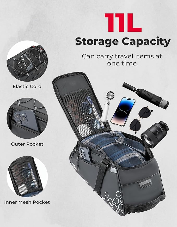 KEMIMOTO Rear Bike Rack Bag, 11L Water-resistant Trunk Bag 3-IN-1, Zippered Bicycle Backpack Shoulder Pannier Saddle Bag for Ebikes Cycling Commuting Travel Outdoor Camping