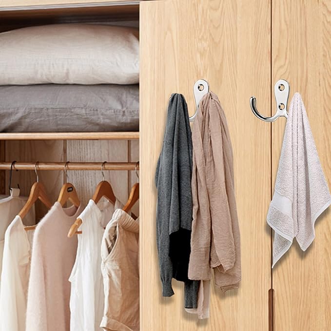 2 Pcs Double Prong Robe Hooks, Dual Coat Hooks Wall Mounted Hanging Clothes for Bathroom Bedroom Door Wall Retro Metal Cloth Hanger Double Coat Hooks with 4 Screws (Sliver)