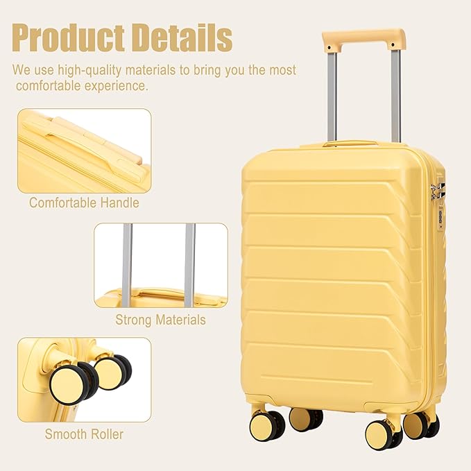 20 Inch ABS Hard Shell Travel Checked Luggage With Combination Lock, Yellow