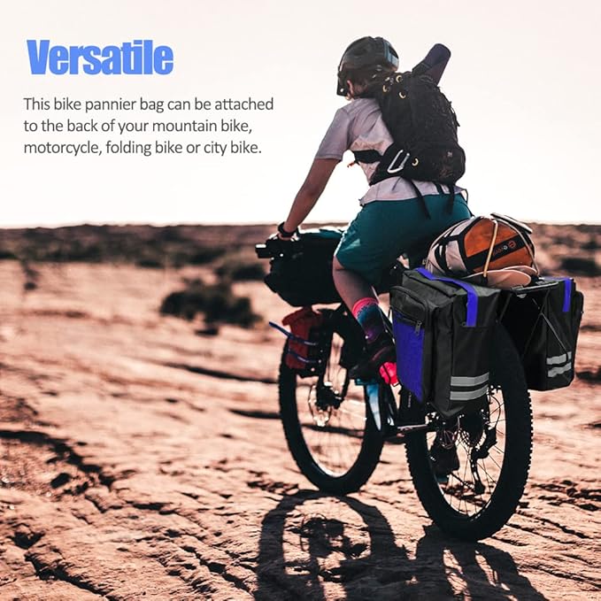 Bike Rear Rack Double Pannier Bag, 30L Waterproof Bicycle Trunk Bag, Bike Pannier Bag with Reflective Trim, for Grocery Shopping Commuter Long Cycling Trip (Blue)