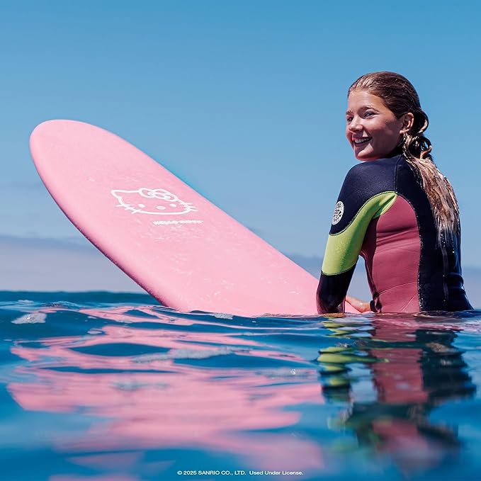 Hello Kitty 8ft Surfboard by Wavestorm | Graphic top Deck with high Density Slick Bottom | for Kids and Adults | Foam Construction with Accessories | Includes Basic Leash