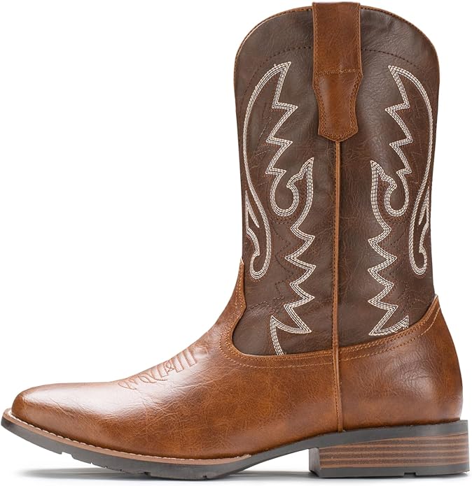 IUV Cowboy Boots For Men with Wide Square Toe Western Retro Boot Durable Classic Fashionable Embroidered Pull On Slip Resistant Boots