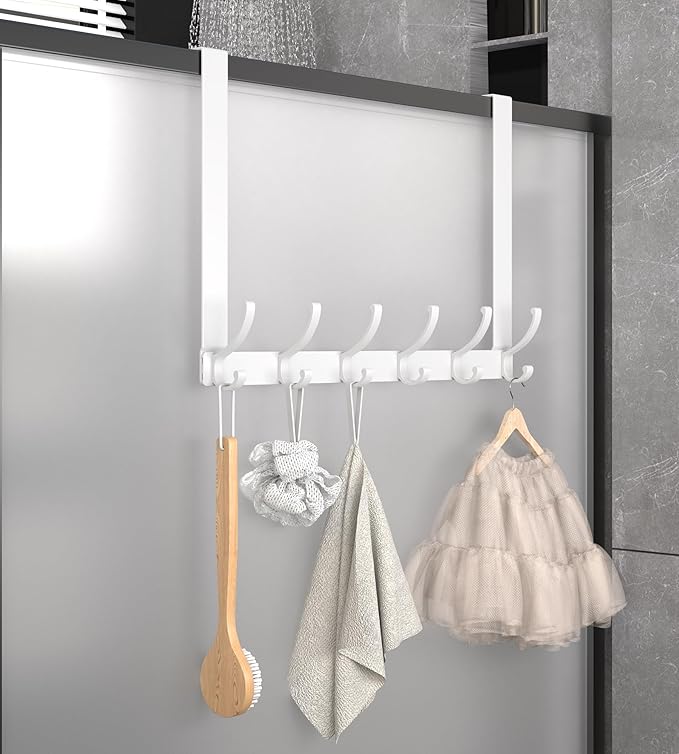 KitchLife Long Over The Door Hooks Hanger with 15.75" Extended Arms, Fits 1 3/4" Doors, F40U, 6 Double-Hanger Design Thickened Heavy Duty Bathroom Towel Rack Organization, Glossy White, 1 Pack