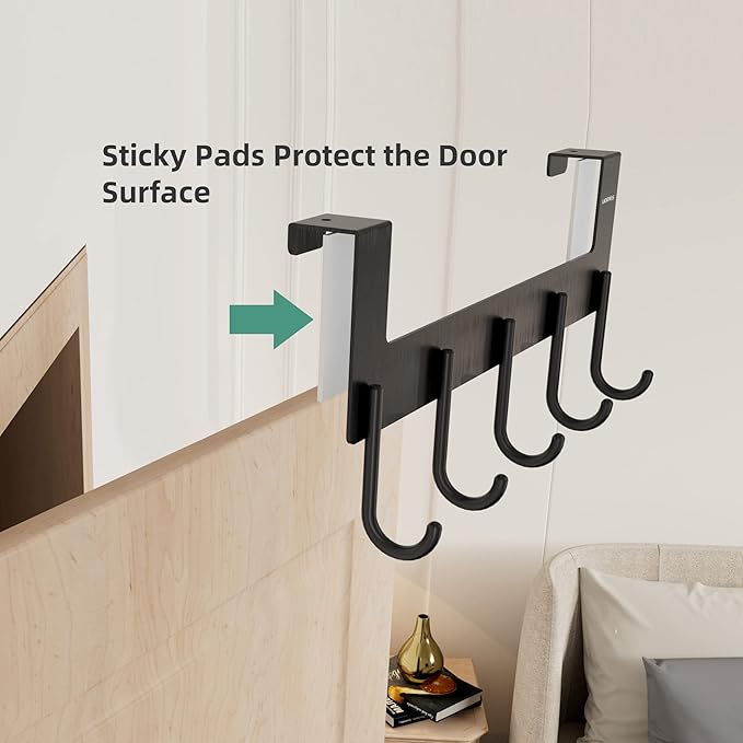 Over Door Hanger, Metal Over The Door Hook Rack with 5 Hooks, Towel Rails for Hanging Towel Robe Coat Bathroom Bedroom Grey