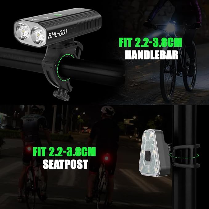 3000 Lumens Super Bright Bike Lights for Night Riding, 5000mAh USB C Rechargeable LED Bicycle Light Front and Rear, Headlight and Back Tail Light Set for Road Mountain